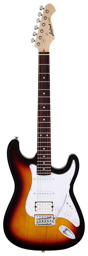 Aria STG-004 Series Electric Guitar in 3-Tone Sunburst with White Pickguard Pickups: 2 x Single Coil/1 x Humbucking
