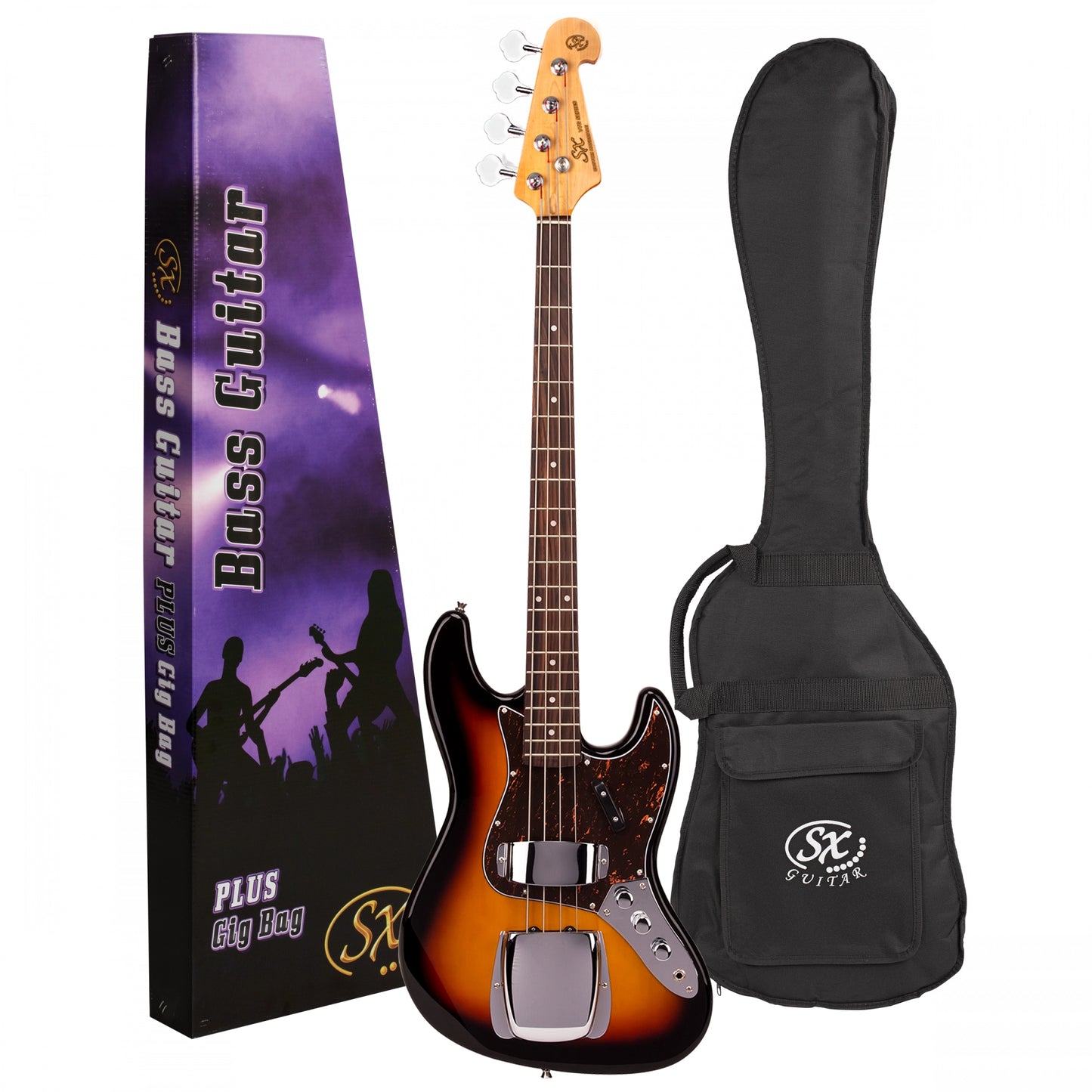 SX VEJ62TS Tobacco Sunburst Full Size Jazz Bass in Soft Case