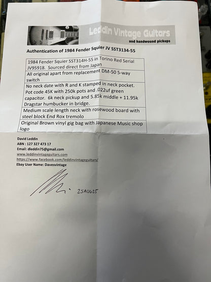 Squier 1984 Contemporary Series JV Strat SST314-55 Torino Red in original soft case Serial # JV95918